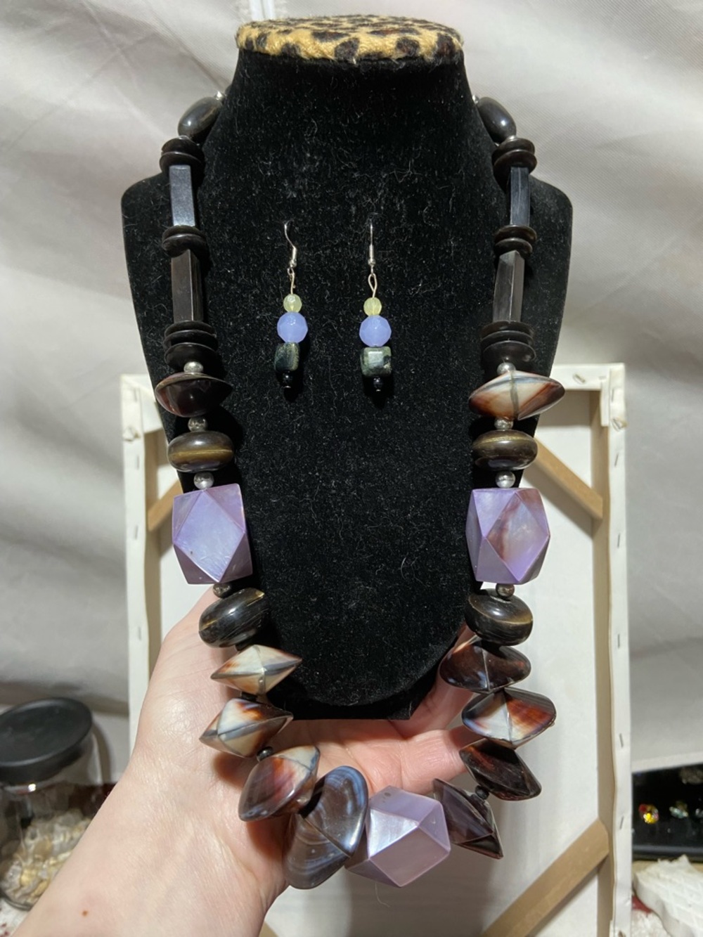 Chunky Black and Iridescent Beaded Necklace and Coordinating Pierced Earrings
